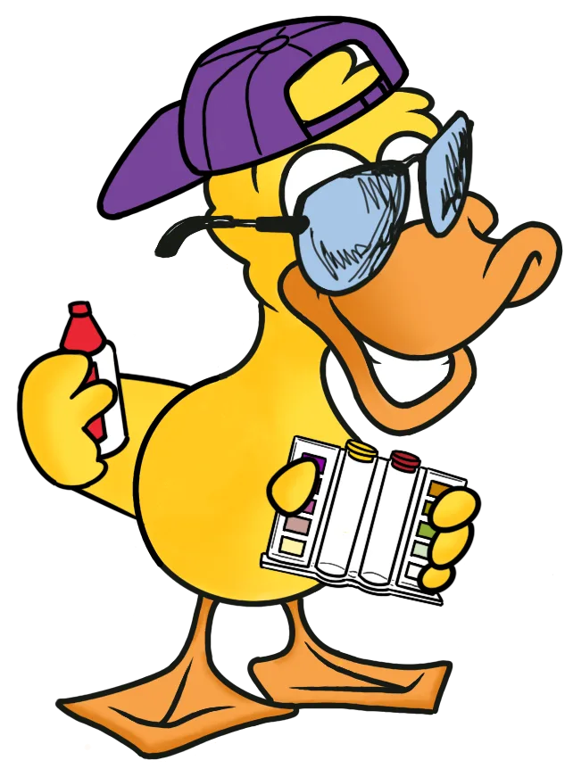 Lucky the duck testing pool water with a test kit